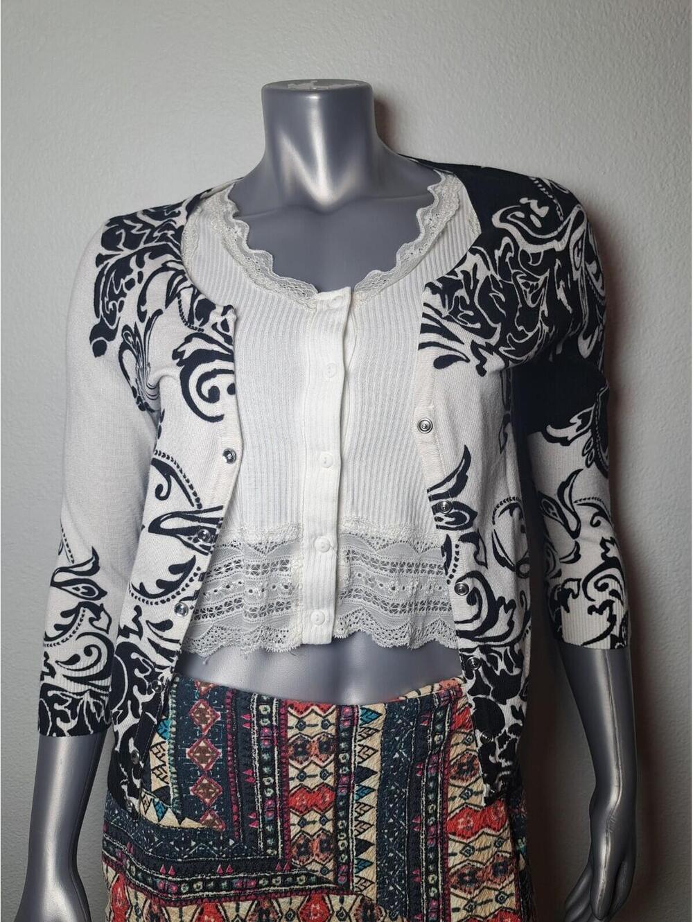 White House Black Market  CARDIGAN SWEATER SZ S DUSTER POOL BLUE SCROLLING